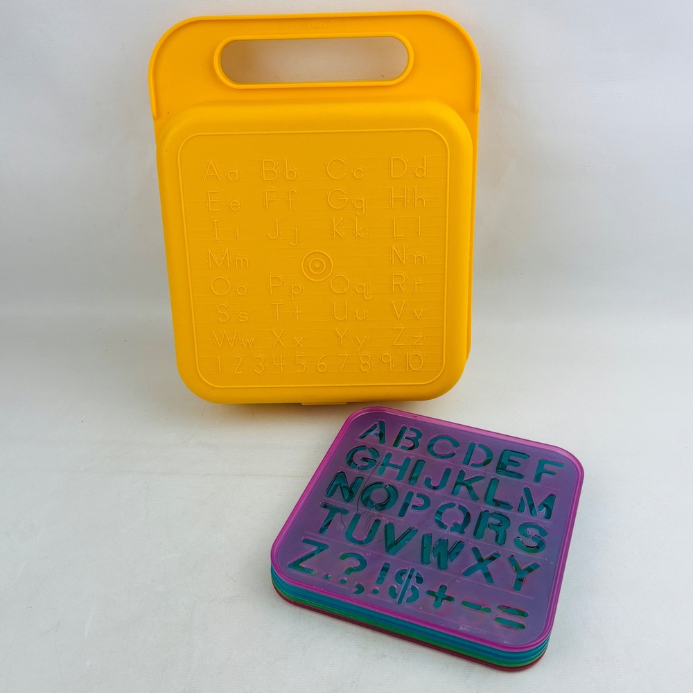 Vintage Tupperware Alphabet Carry Case 5 Stencil Lot Yellow ABC Pencil Lunch Box